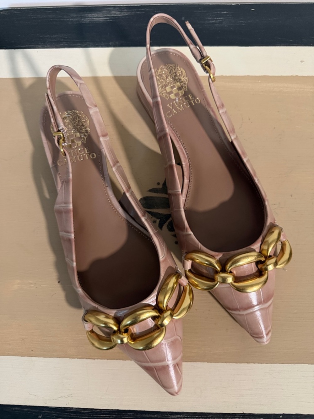 Vince Camuto Blush Pink Pointed Slingback Flats with Gold Chain